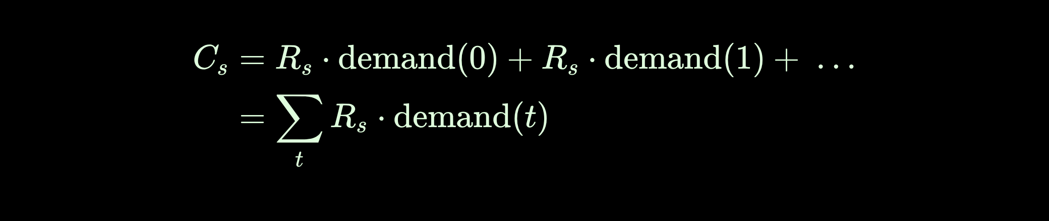 Serverless cost: C_s equals the sum over time of R_s times demand at each instant