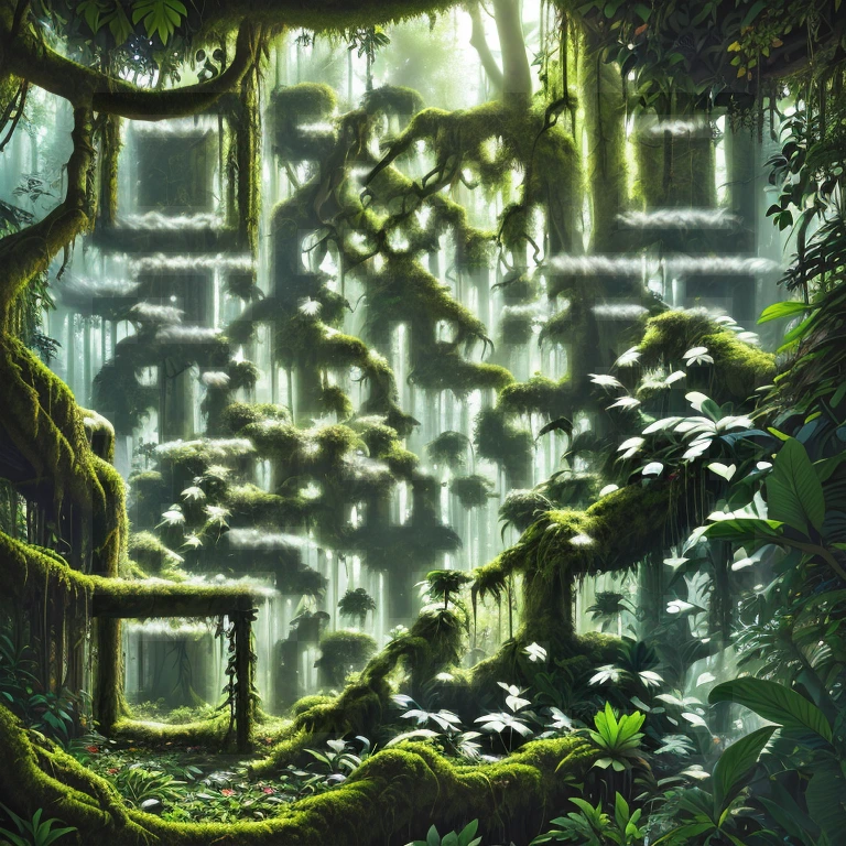 A dense jungle scene filled with towering trees, intertwining vines, and an abundance of foliage…