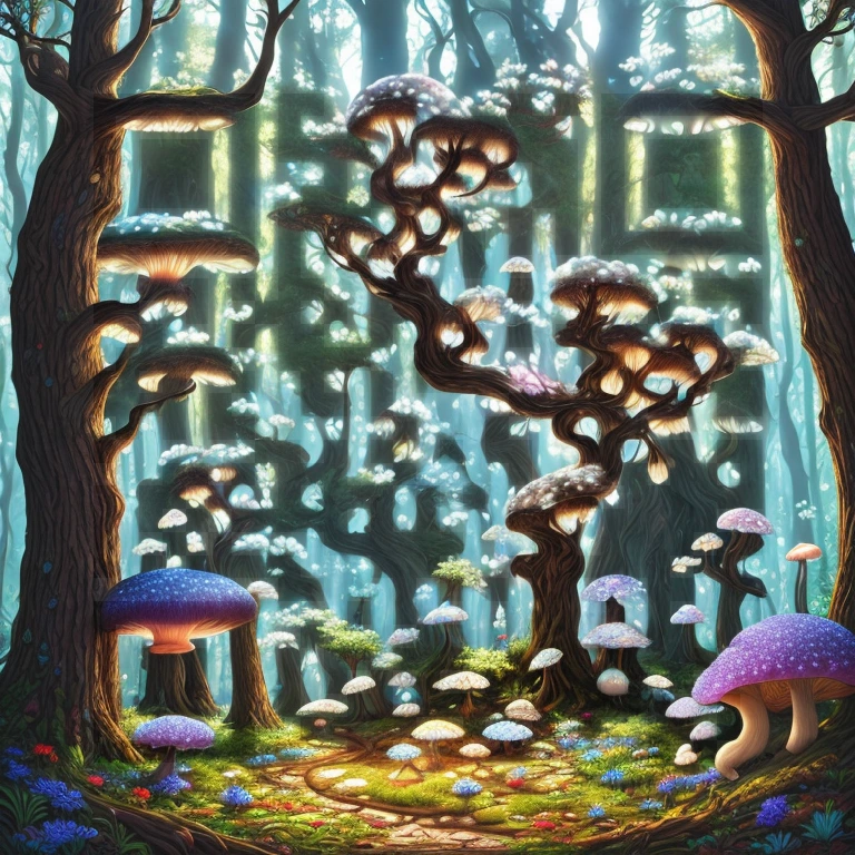 A QArt code depicting a fantastical mushroom forest.