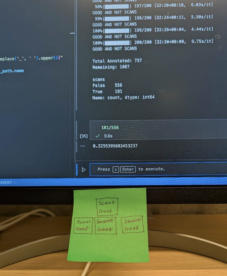A photo of a post-it note attached to a computer monitor indicating four options: scans/not scans, good/not good. The computer monitor shows a simple notebook interface for evaluating QArt codes.
