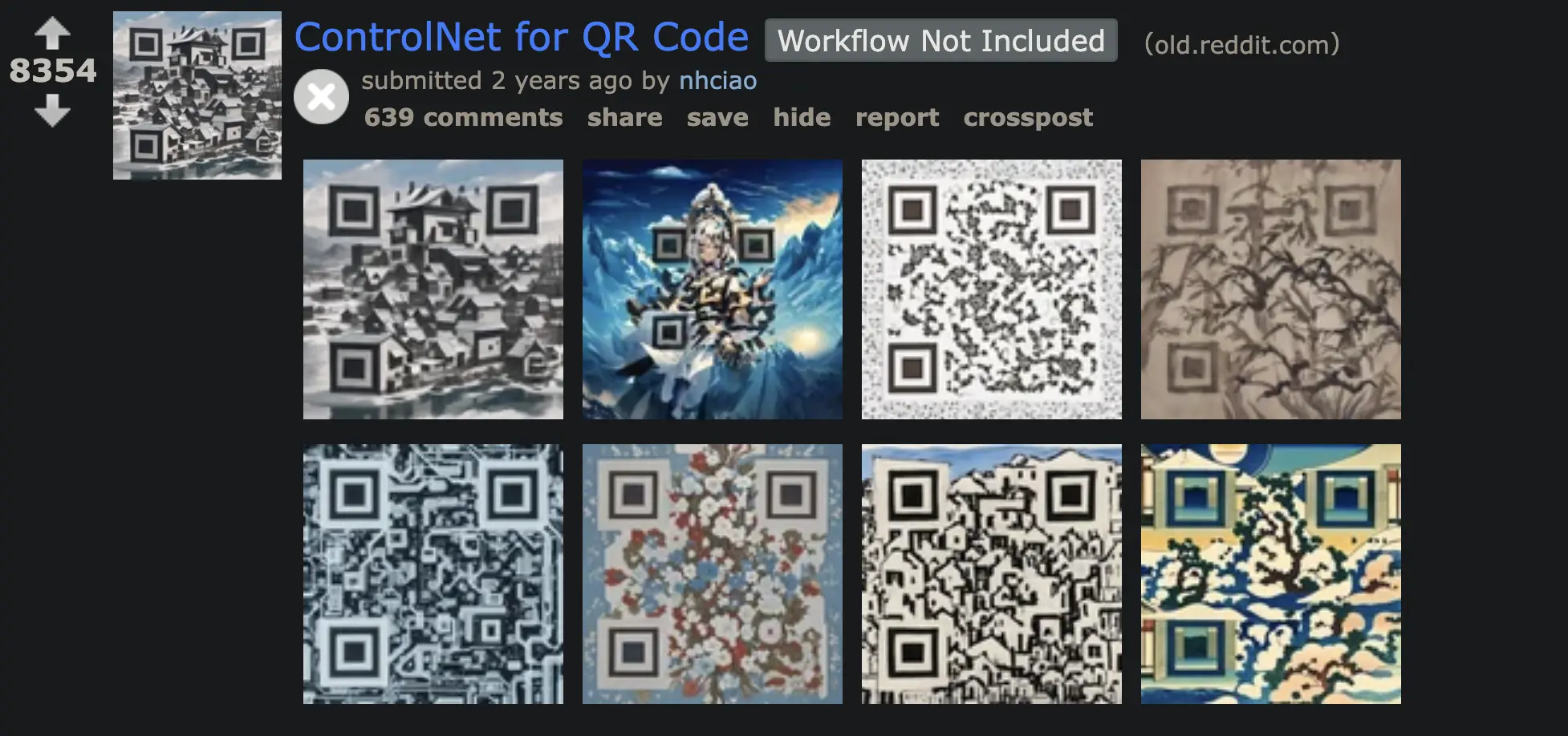 Screenshot of a Reddit post by u/nhciao demonstrating QR code generation with diffusion models