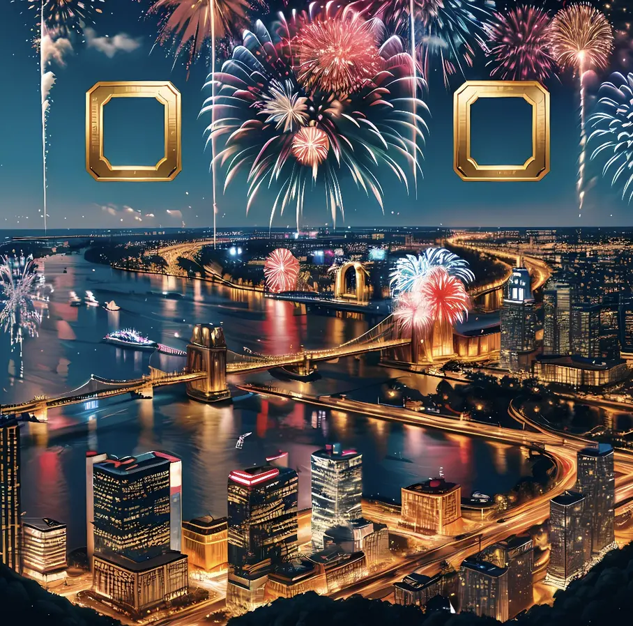 A city skyline with fireworks with some elements of a QR code included