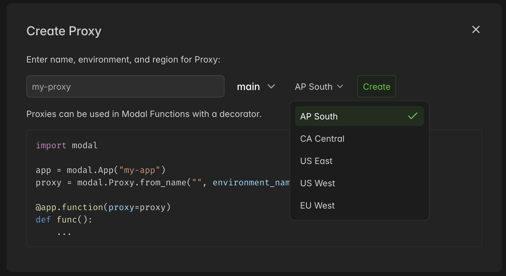Choose a region when creating a Proxy