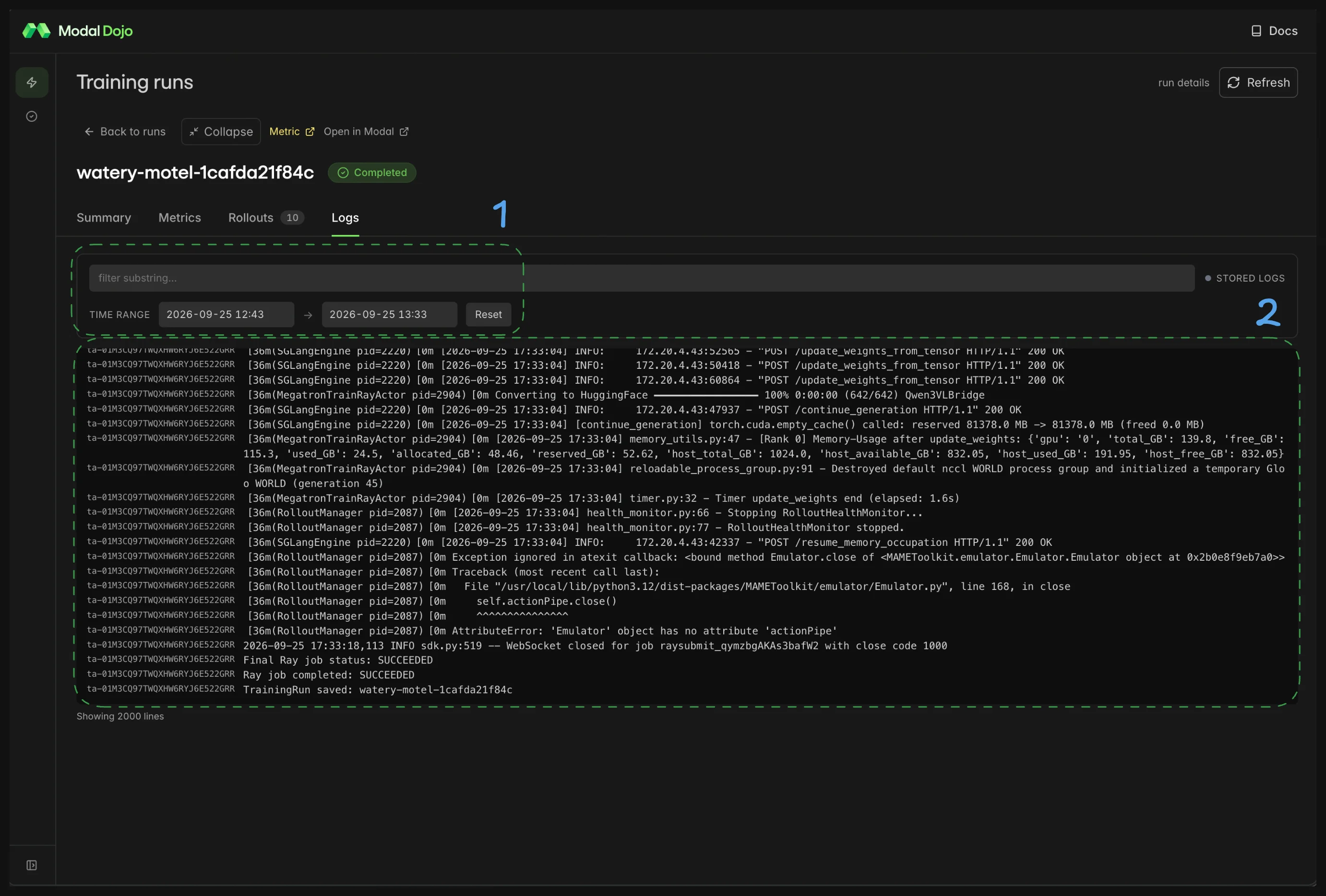 Logs tab with annotated components