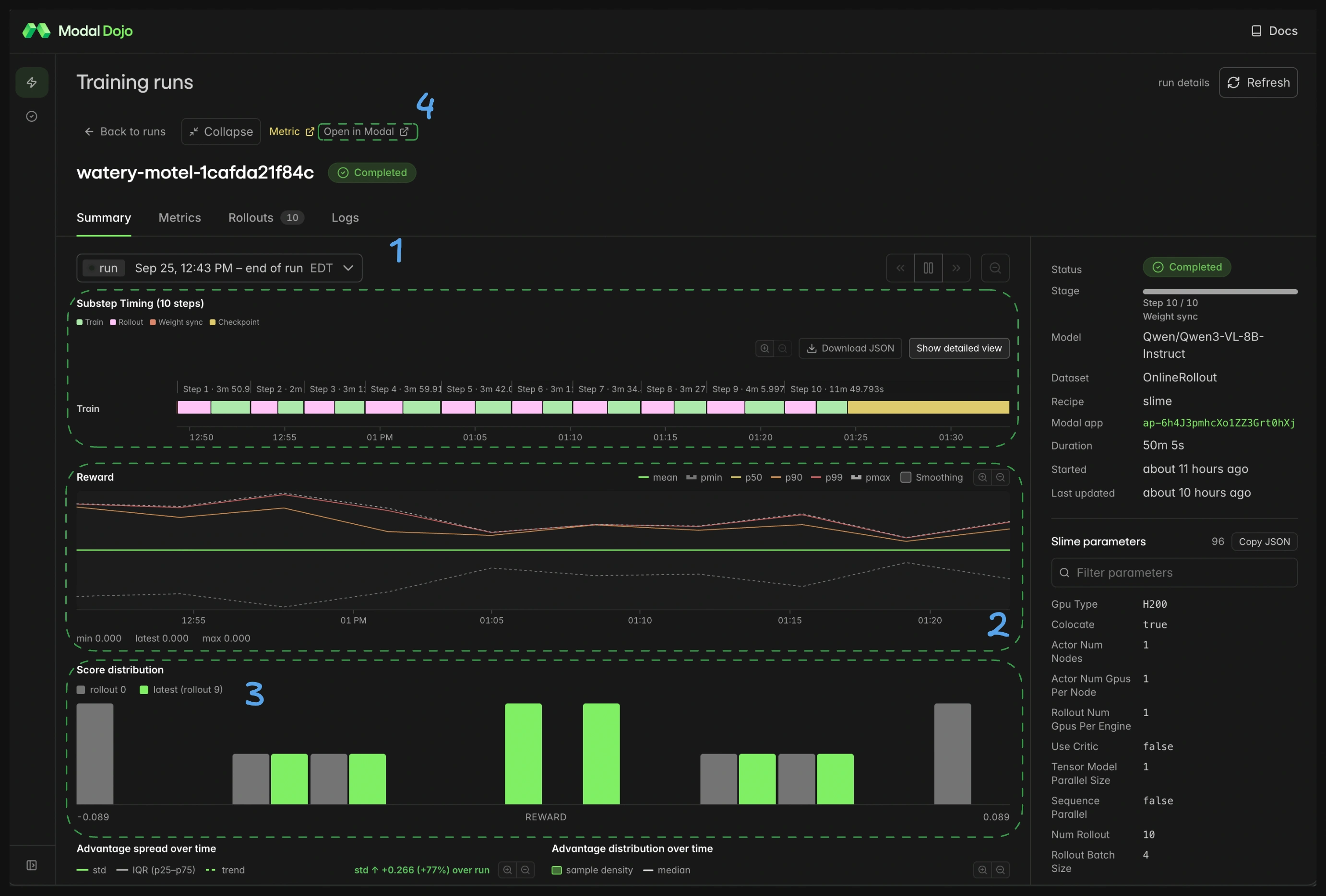 Run summary tab with annotated components