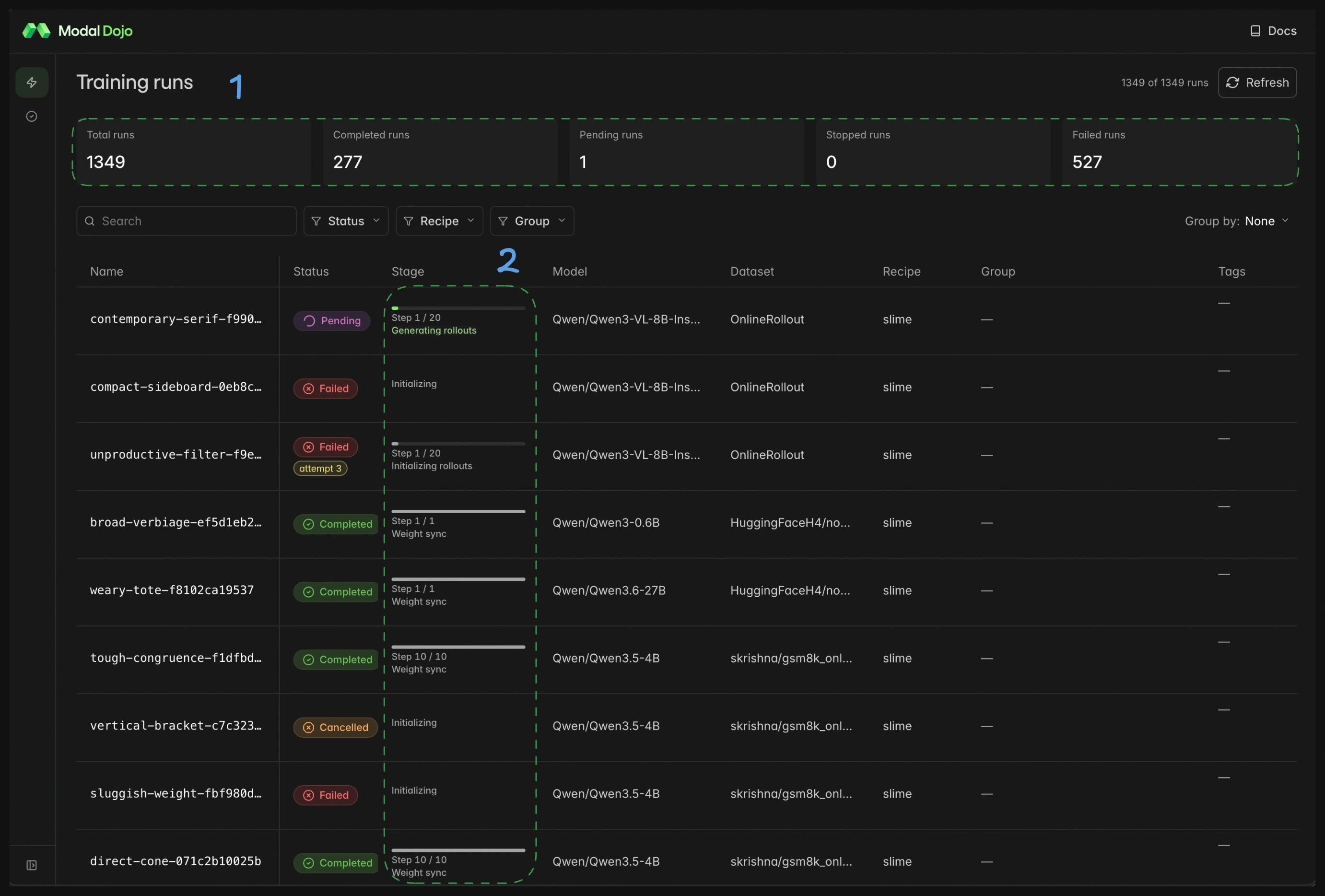 Training runs list with annotated components