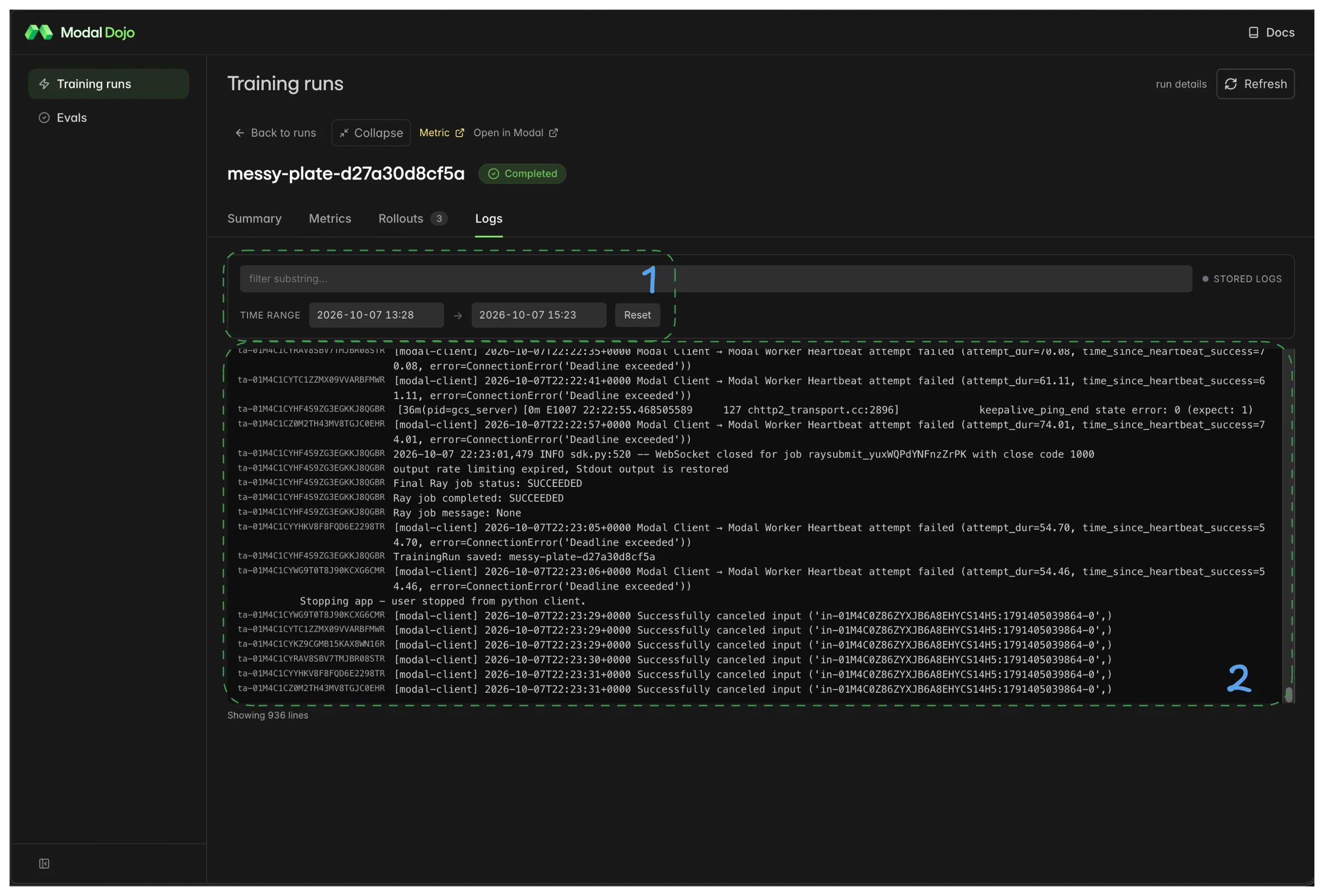 Logs tab with annotated components