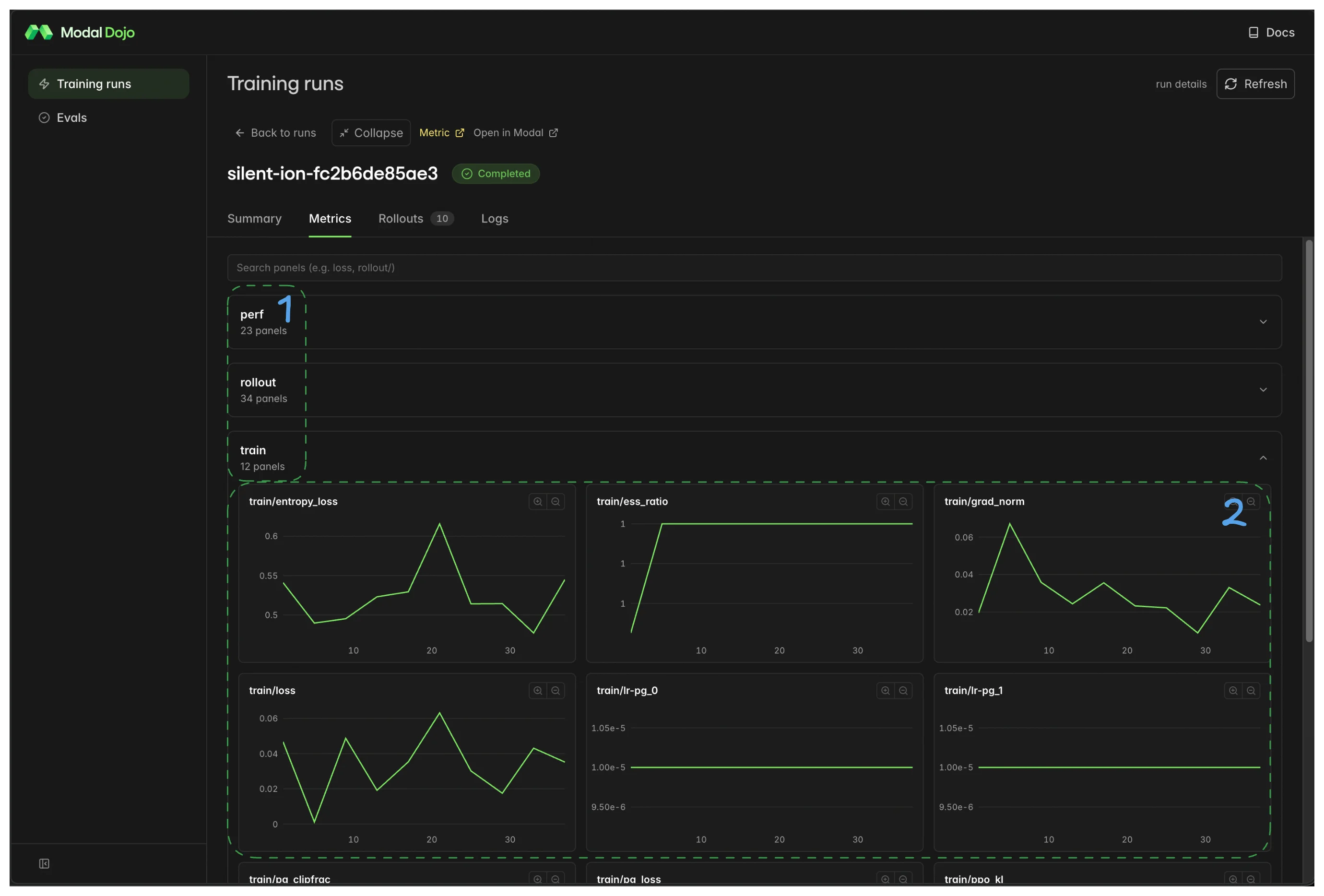 Metrics tab with annotated components