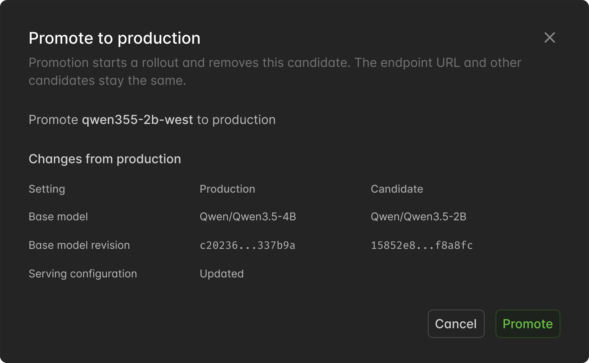 User interface for promoting candidates to production.