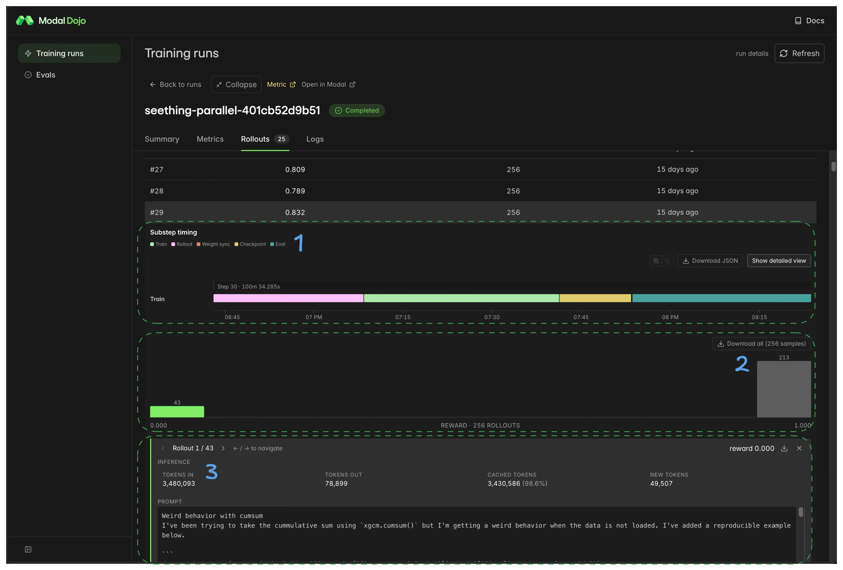 Rollouts tab with annotated components