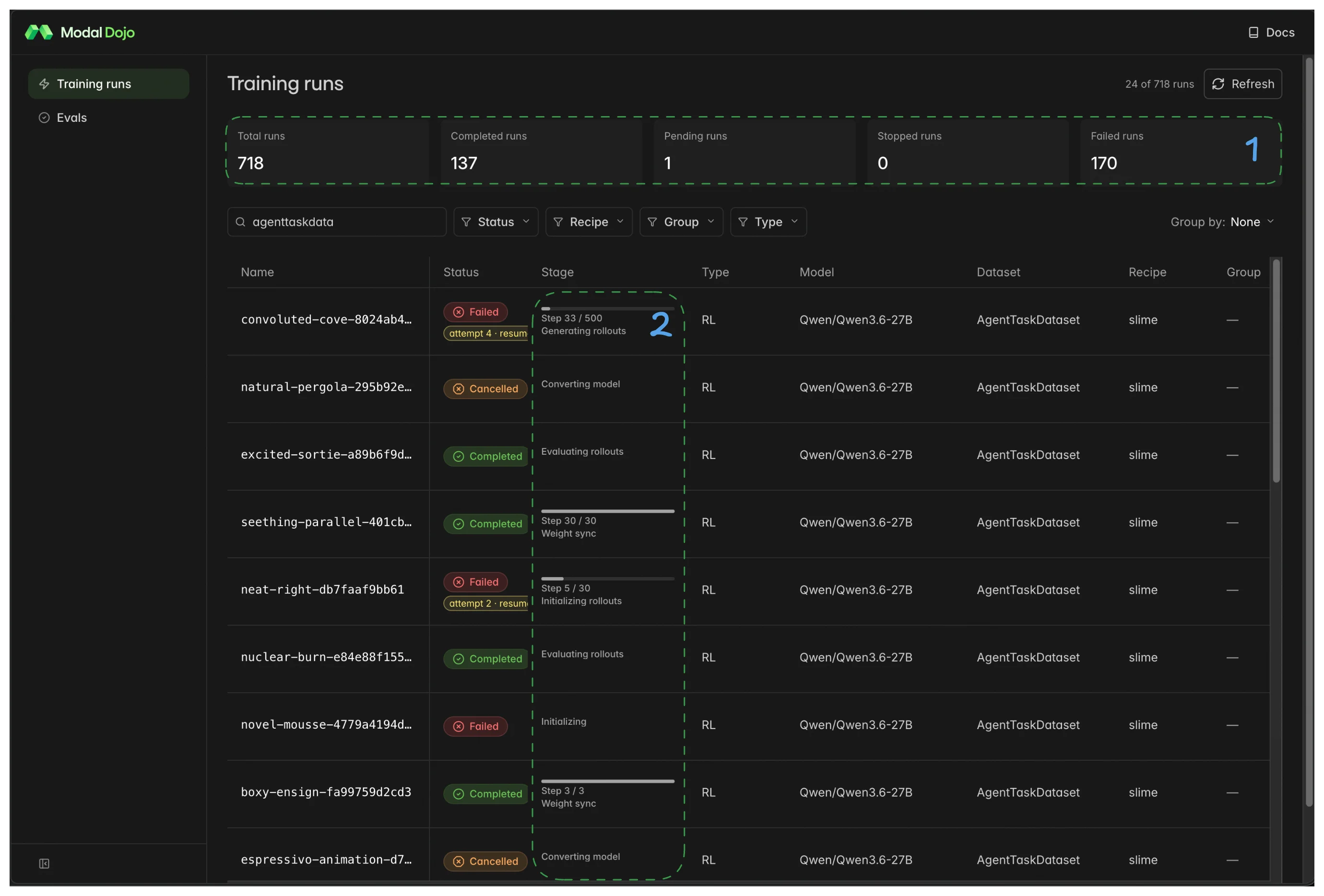 Training runs list with annotated components