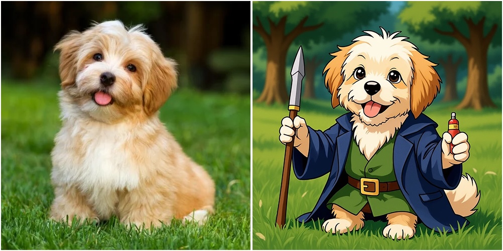 A photo of a dog transformed into a cartoon of a cute dog wizard