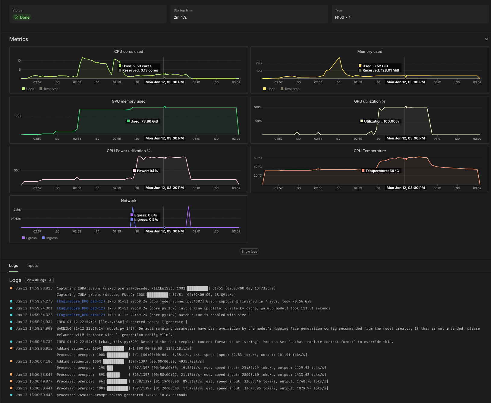 Modal Dashboard indicating 30k tok/s input and 2k tok/s output on a single H100 GPU