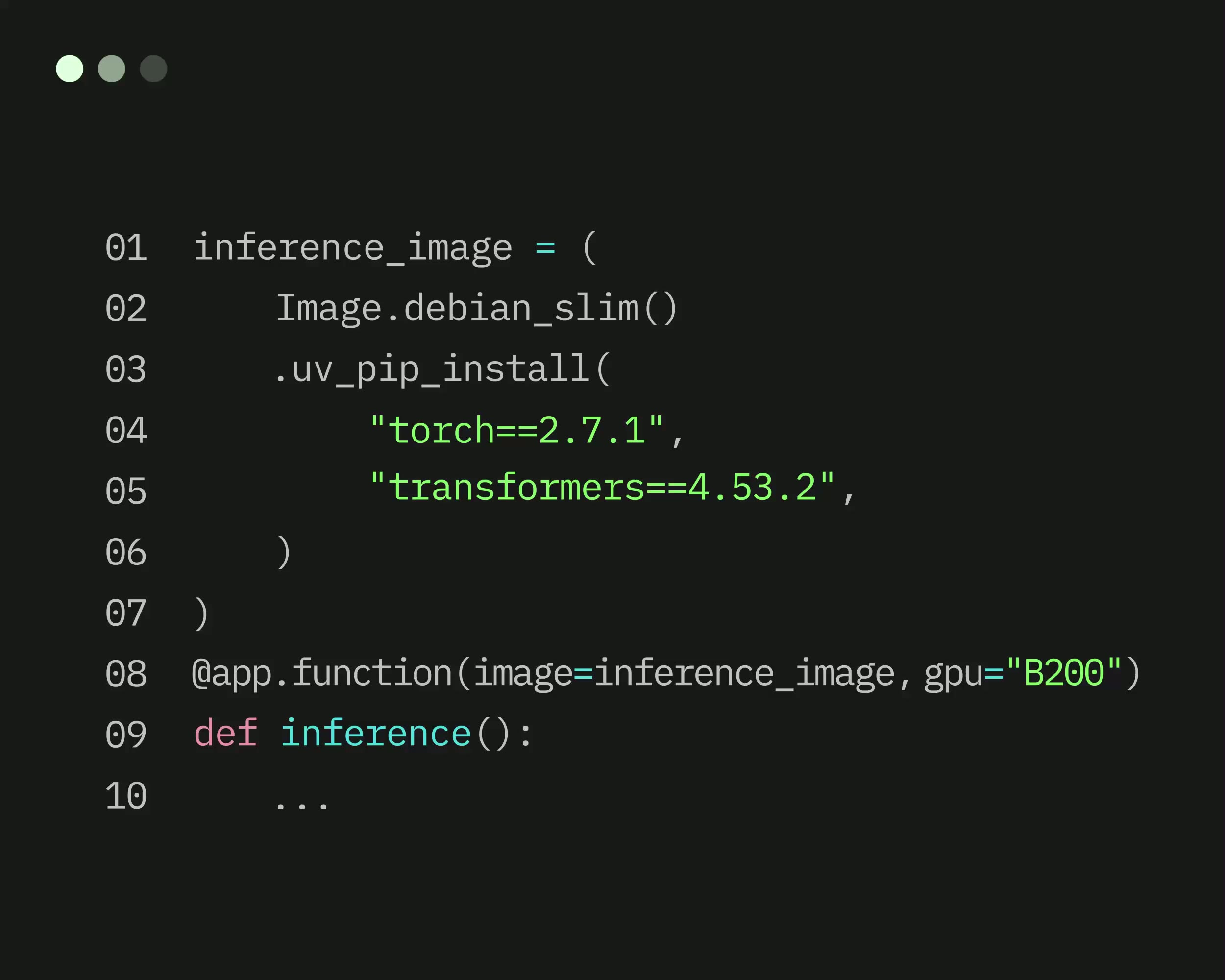 Modal Python SDK — defining a GPU function with @app.function decorator