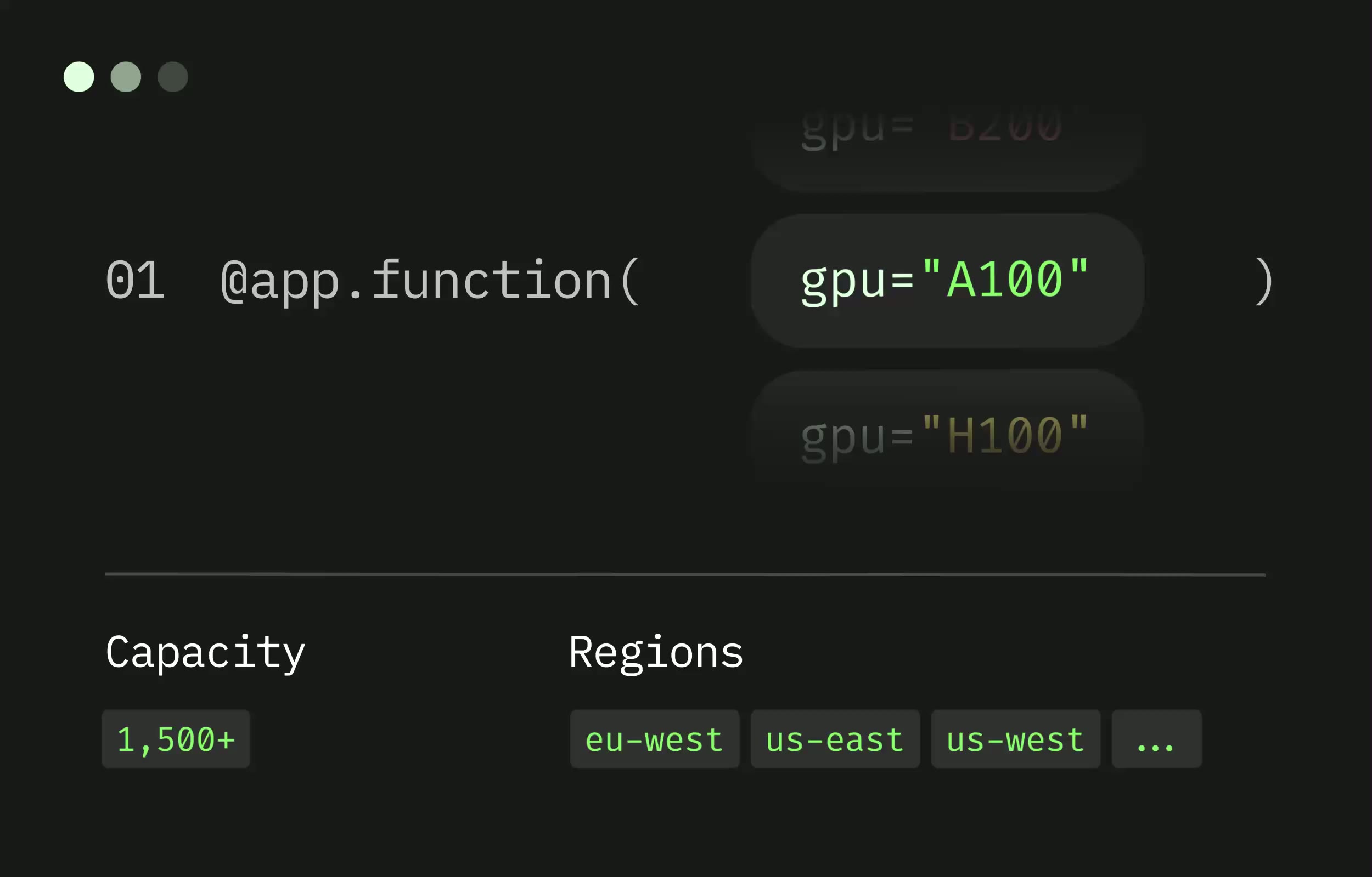 Modal dashboard showing concurrent GPU containers scaling across A100 and H100 hardware